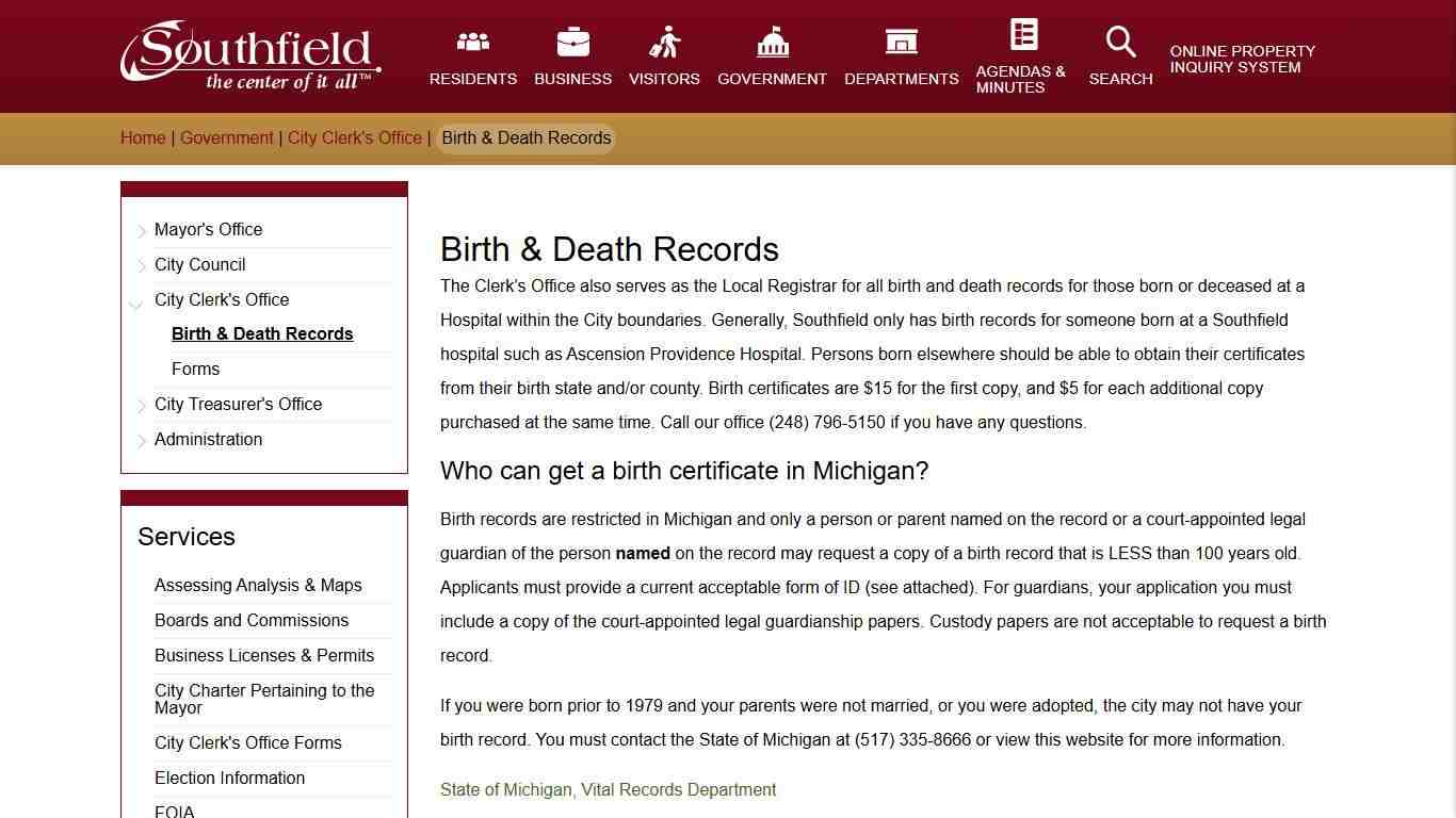 Birth & Death Records City of Southfield